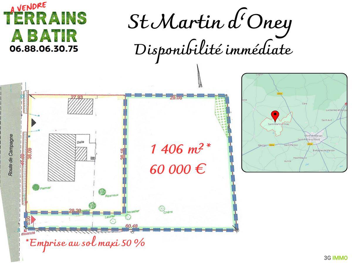Terrain seul à Saint-Martin-d'Oney en Landes (40) de 1406 m² à vendre au prix de 60000€