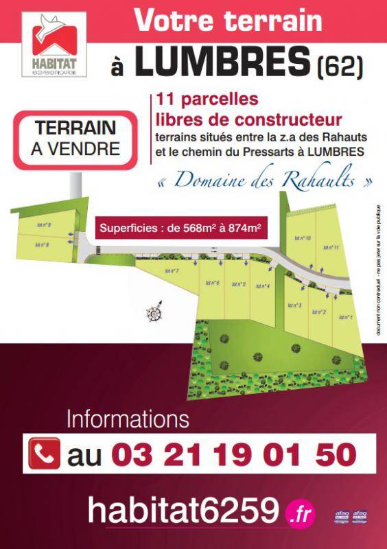 Terrain seul à Lumbres en Pas-de-Calais (62) de 569 m² à vendre au prix de 65500€ - 1