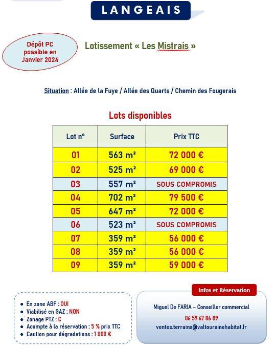 Terrain seul à Langeais en Indre-et-Loire (37) de 359 m² à vendre au prix de 59000€ - 1