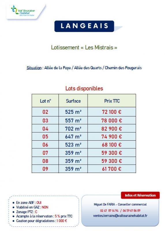 Terrain seul à Langeais en Indre-et-Loire (37) de 702 m² à vendre au prix de 79500€ - 1